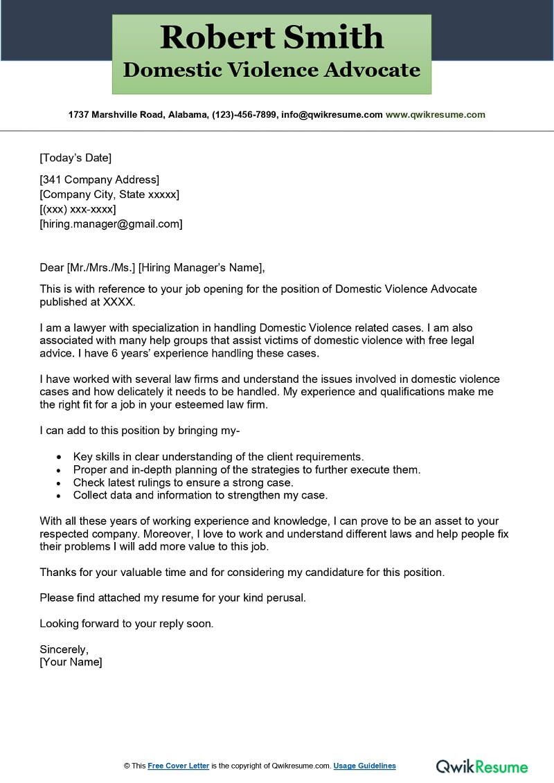 Sample Resume for Victim Advocate Position Domestic Violence Advocate Cover Letter Examples – Qwikresume