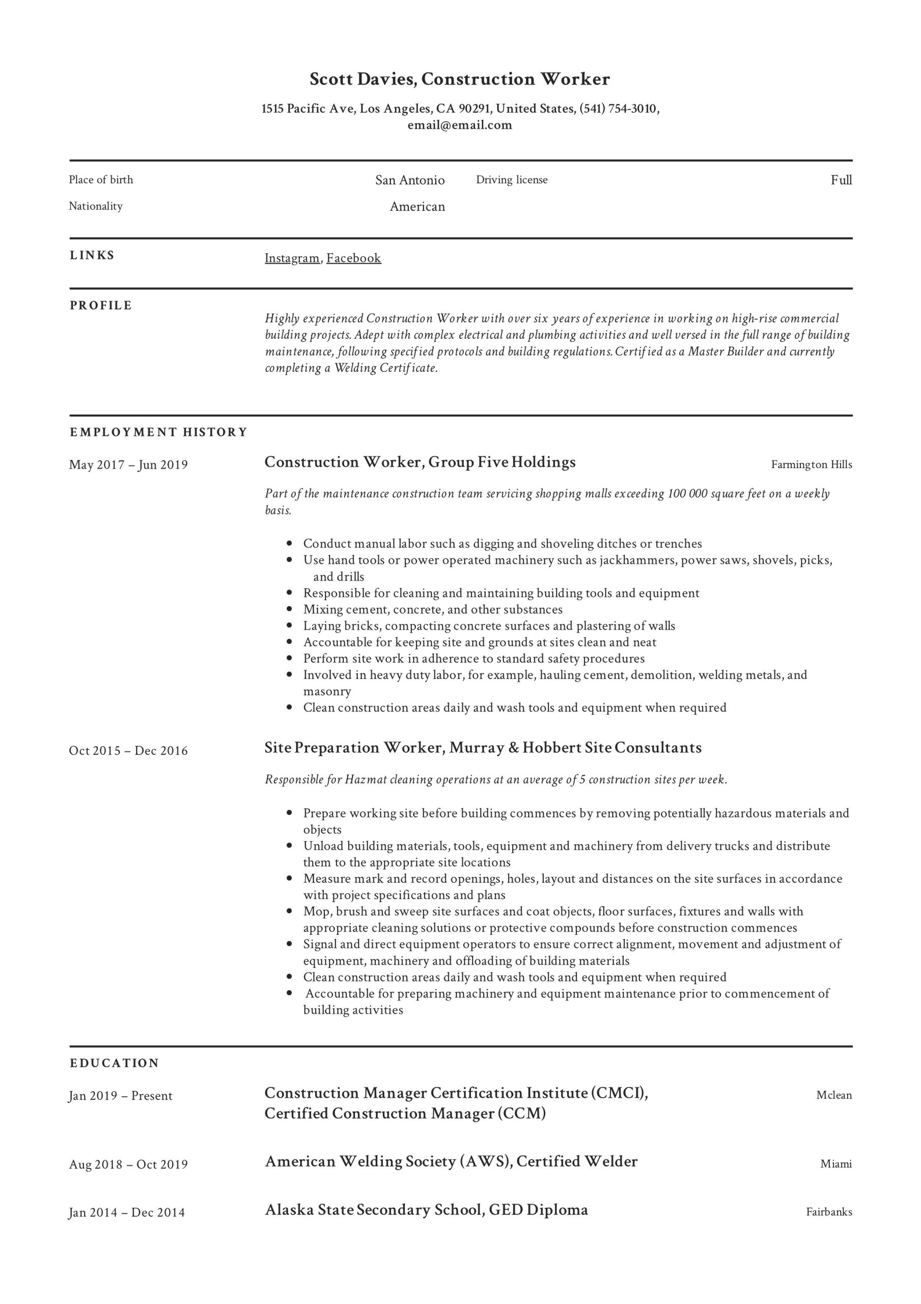Sample Resume Objectives for Construction Worker Construction Worker Resume & Writing Guide  12 Templates 2022