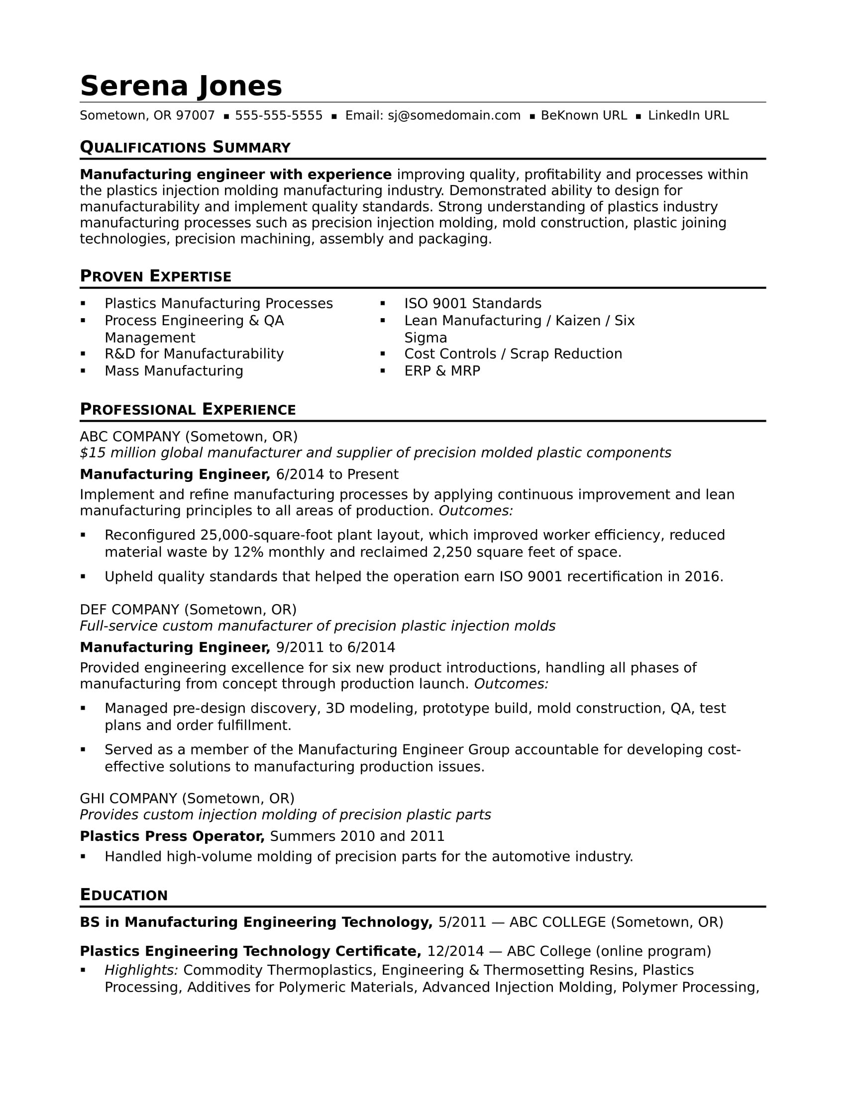 Sample Resume Objectives for Entry Level Manufacturing Manufacturing Engineer Resume Sample Monster.com