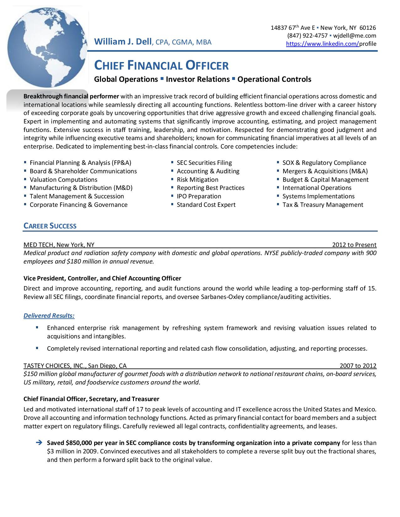 Sample Resume Of Cfo In India Samples – Executive Resume Services