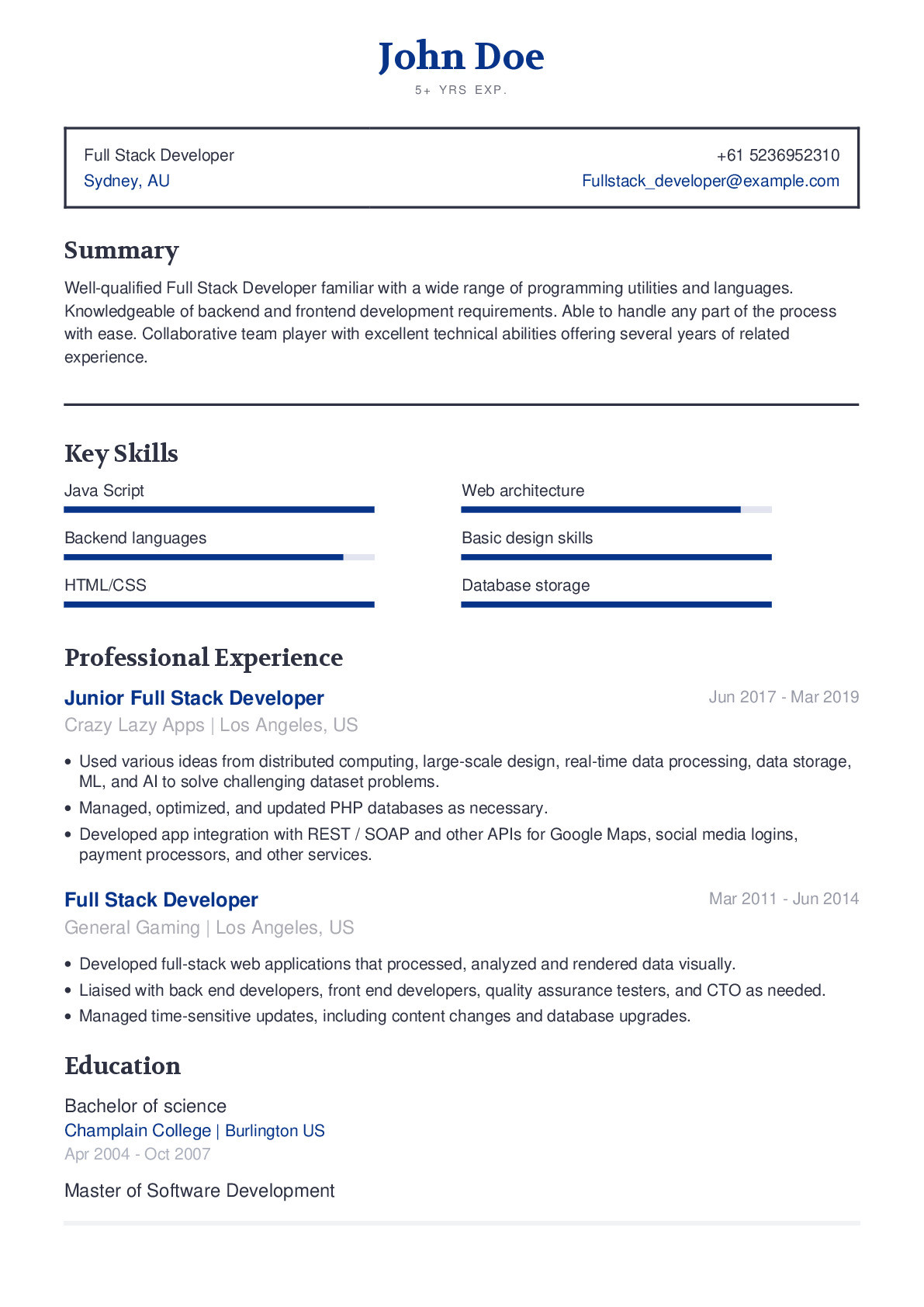 Sample Resume Of Full Stack Developer Full Stack Developer Resume Example with Content Sample Craftmycv