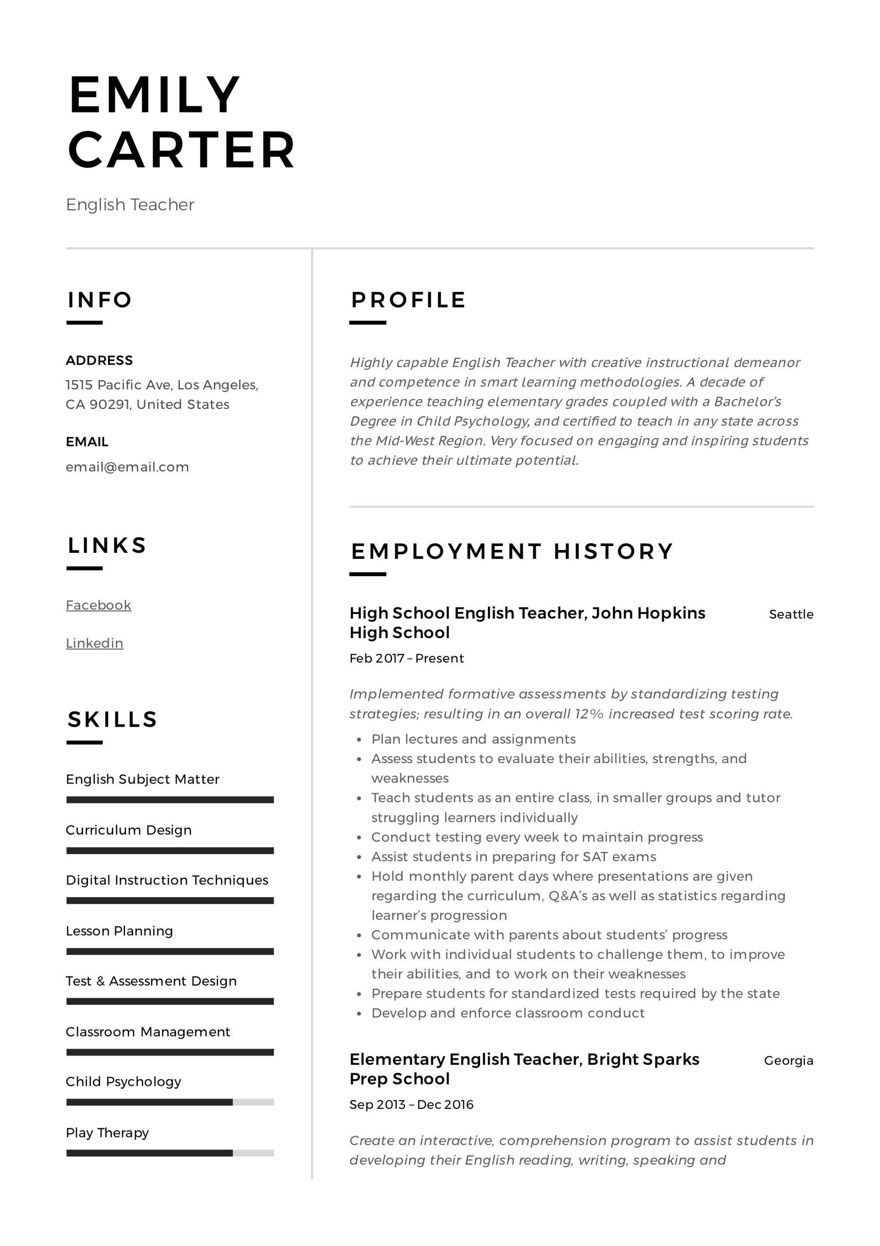 Sample Resume Of High School English Teacher English Teacher Resume & Writing Guide  12 Free Templates 2022