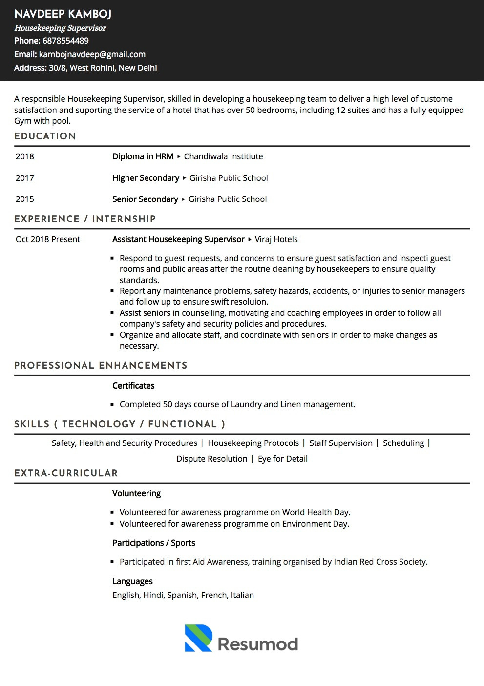 Sample Resume Of House Keeping Supervisor Sample Resume Of Housekeeping Supervisor with Template & Writing …