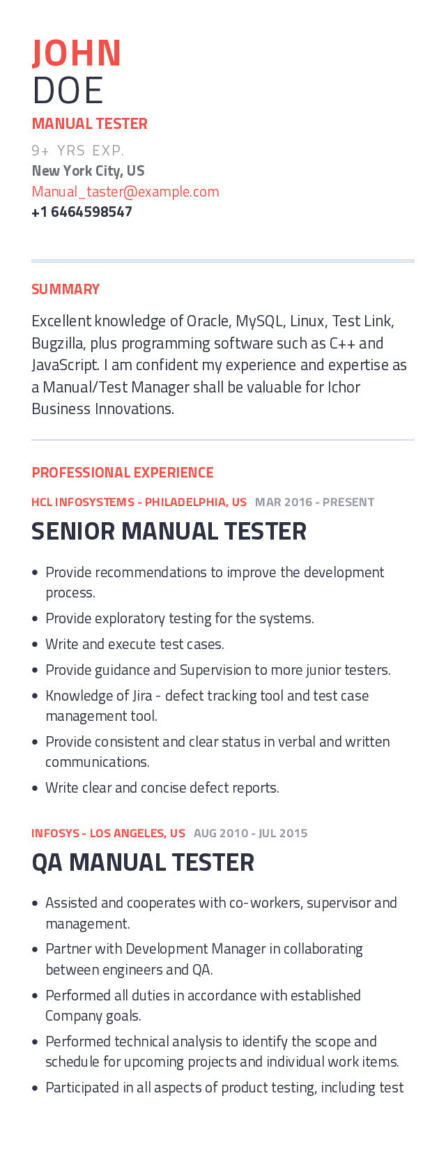 Sample Resume with Manual Testing Experience Manual Tester Resume Example with Content Sample Craftmycv