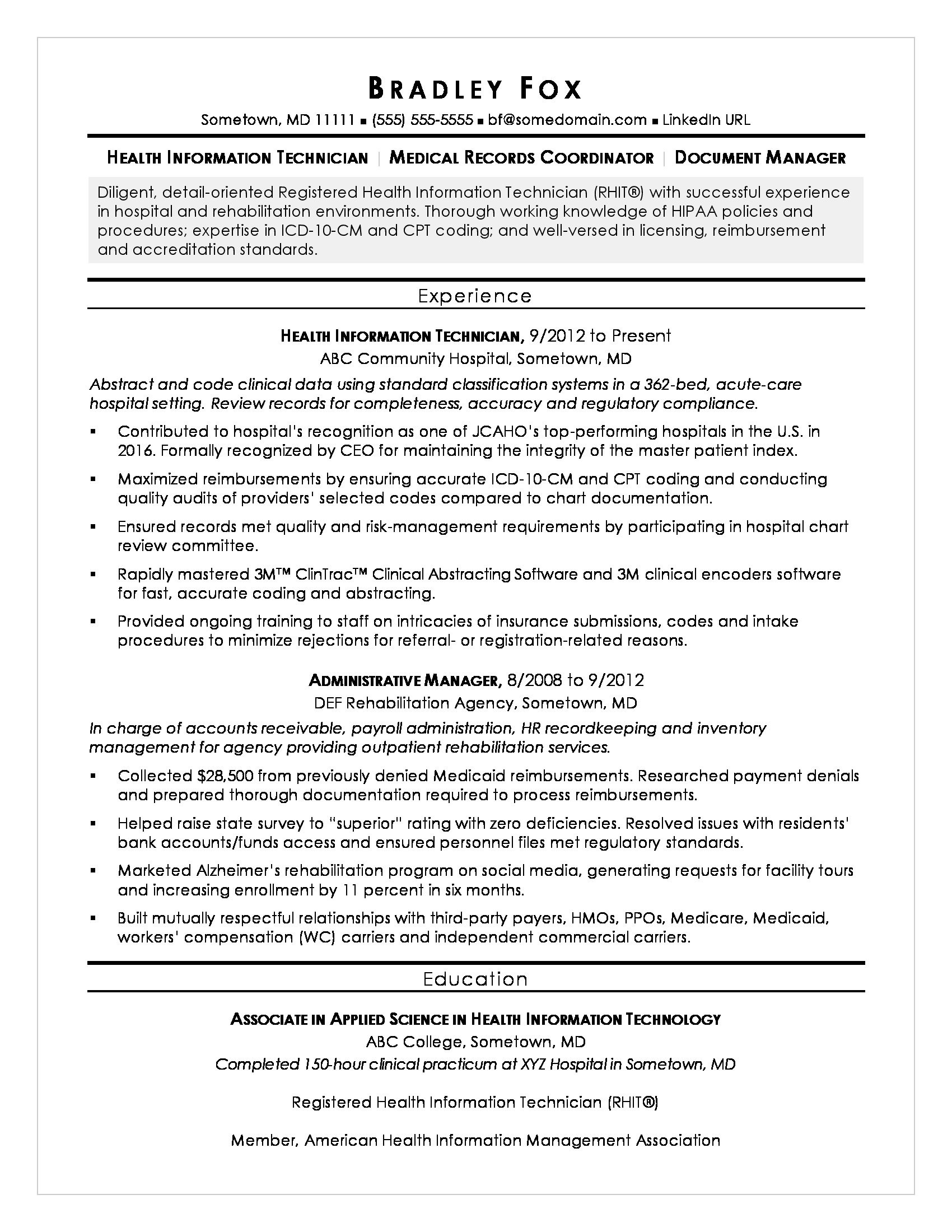 Sample Resume with Masters In Healthcare Administration In Progress Health Information Technician Sample Resume Monster.com
