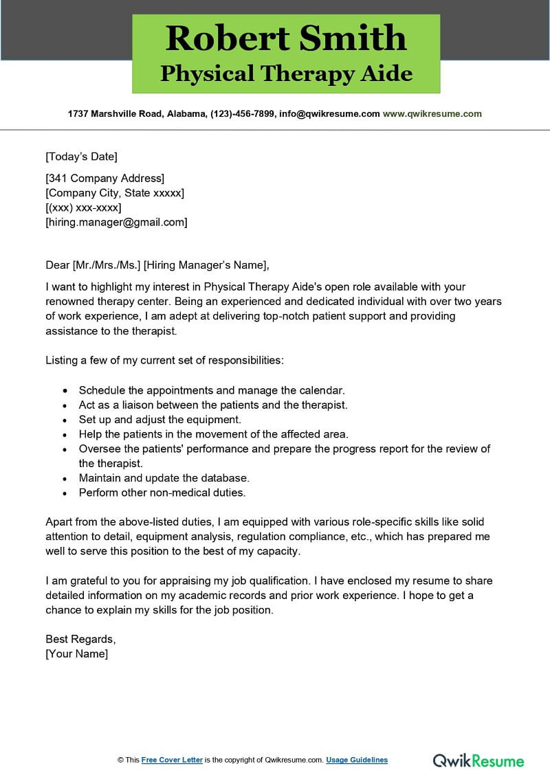 Sample Resumes for Physical therapist Aide Physical therapy Aide Cover Letter Examples – Qwikresume