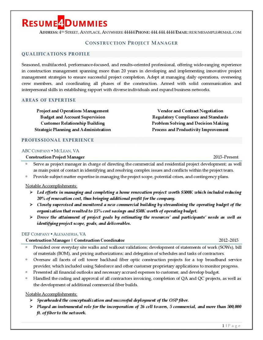 Sample Resumes for Project Managers In Construction Construction Project Manager Resume Example Resume4dummies