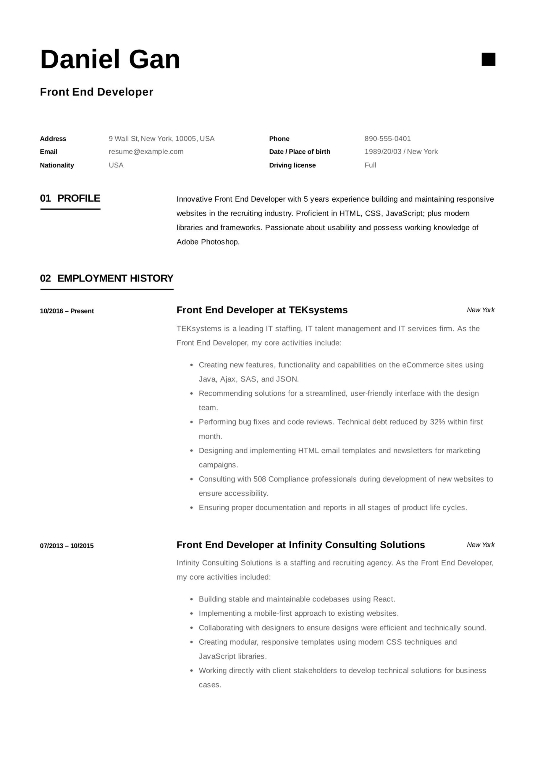 Sample Standard formatted Resume for Front End Developer 17 Front-end Developer Resume Examples & Guide Pdf 2022