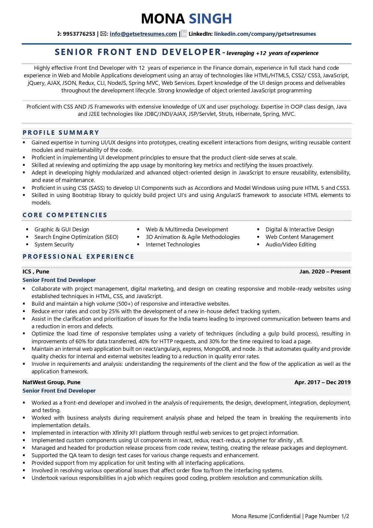 Sample Standard formatted Resume for Front End Developer Front End Developer Resume Examples & Template (with Job Winning Tips)