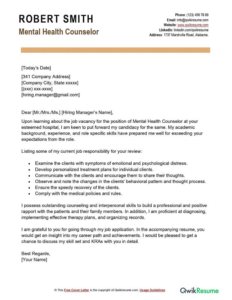 Samples Of Mental Health Counselor Resumes Mental Health Counselor Cover Letter Examples – Qwikresume