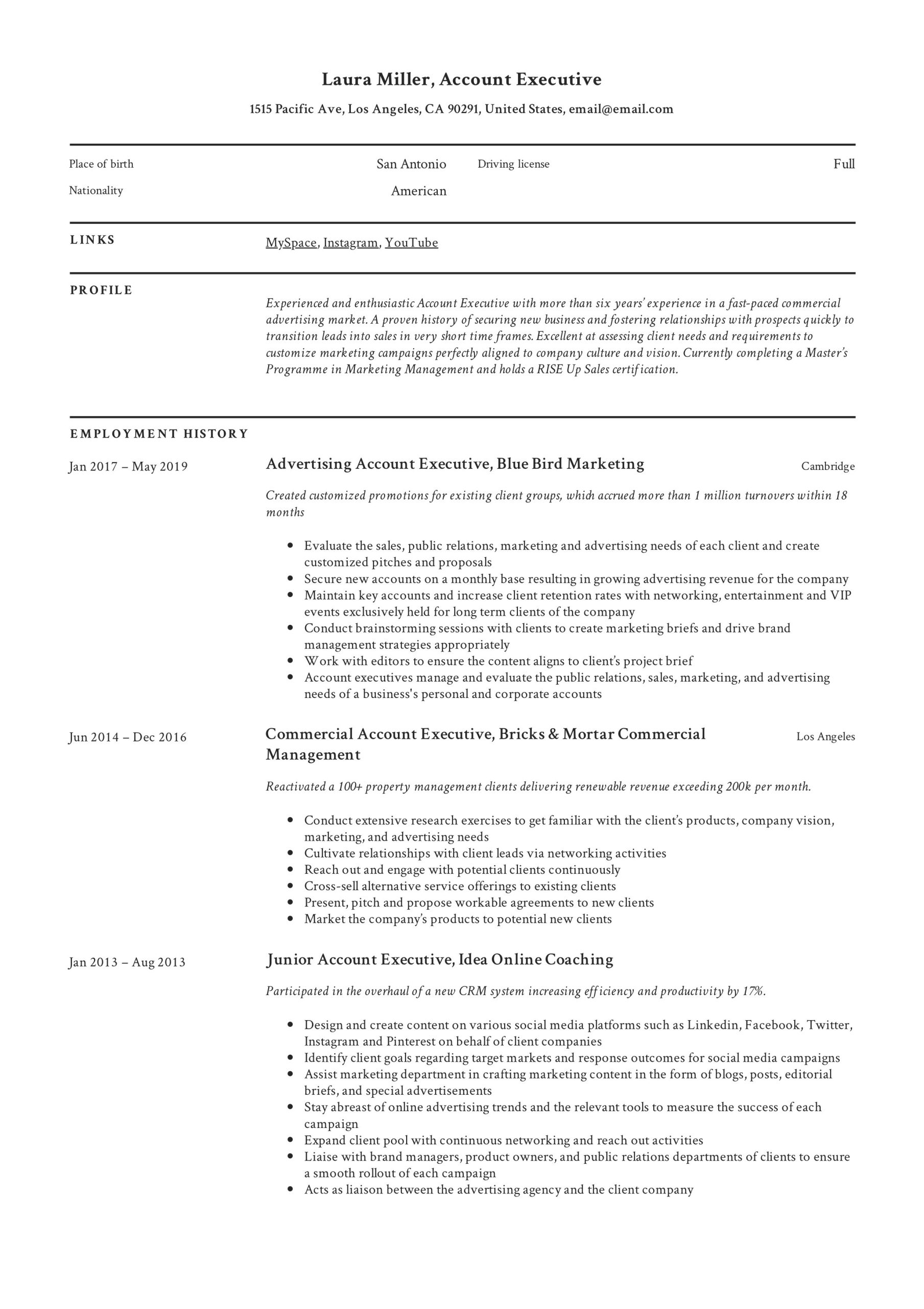 Senior Account Executive Advertising Resume Sample Account Executive Resume & Guide 18 Templates 2022
