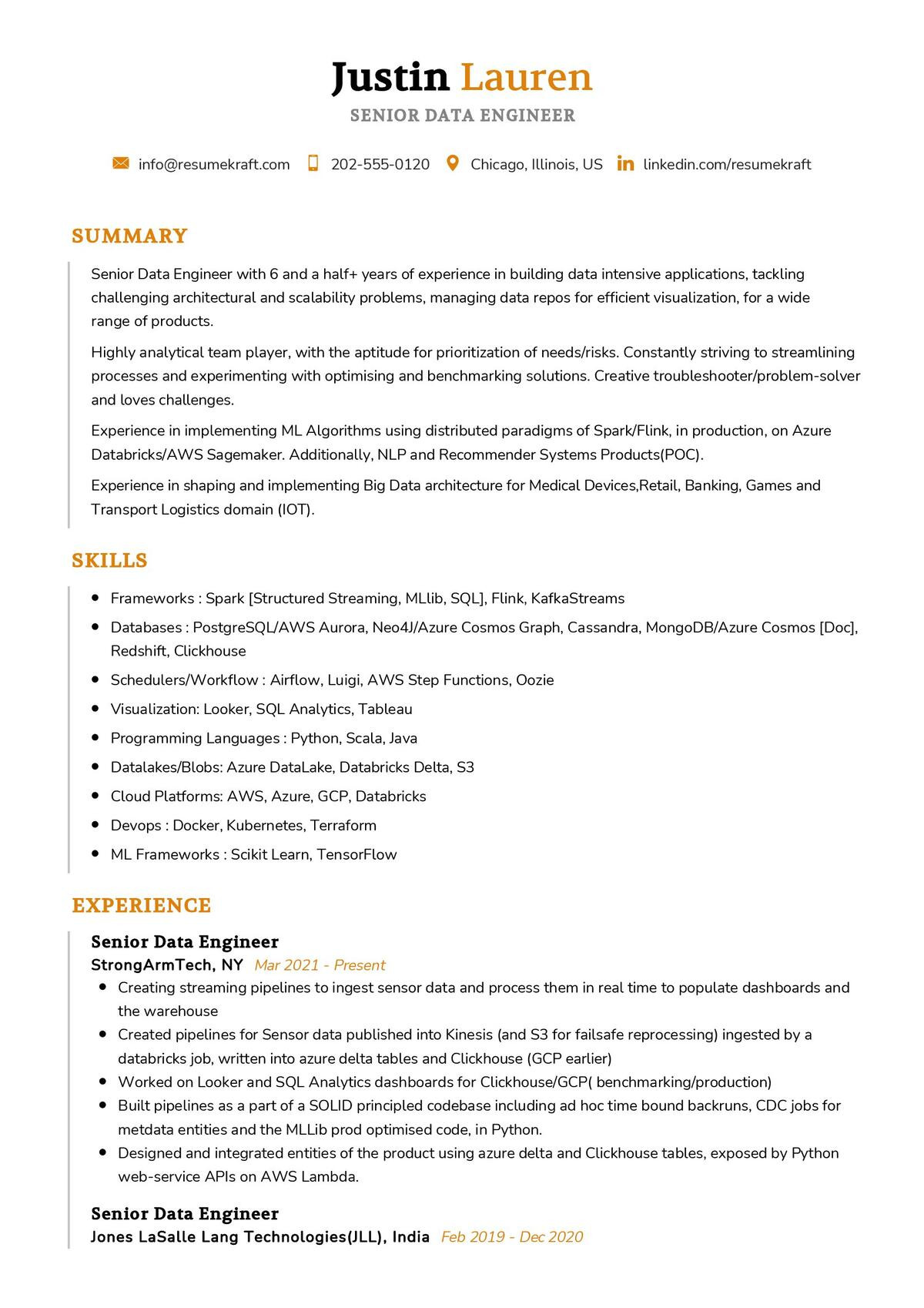 Spark Sample Resume for Full Time Jobs Senior Data Engineer Cv Sample 2022 Writing Tips – Resumekraft
