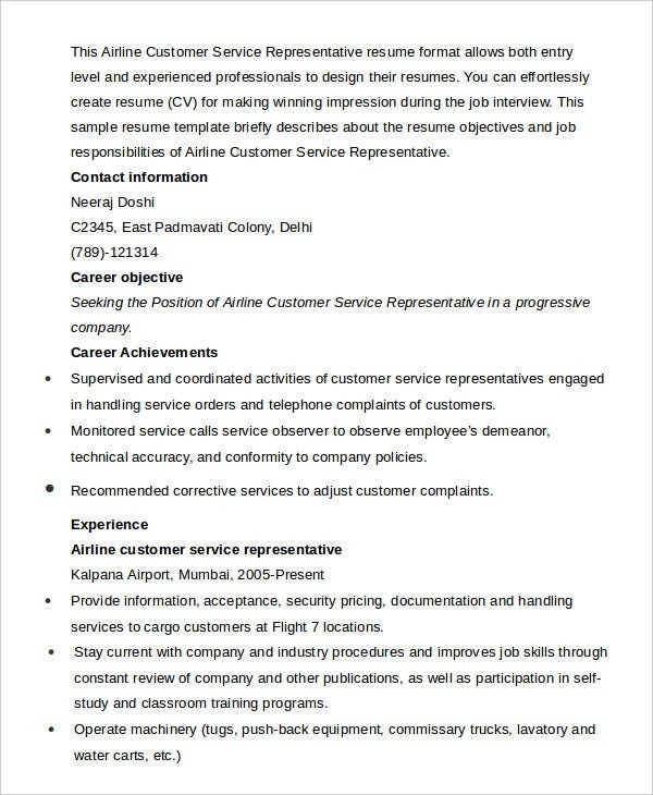 Airline Customer Service Representative Resume Sample Customer Service Representative Resume 9 Free Sample