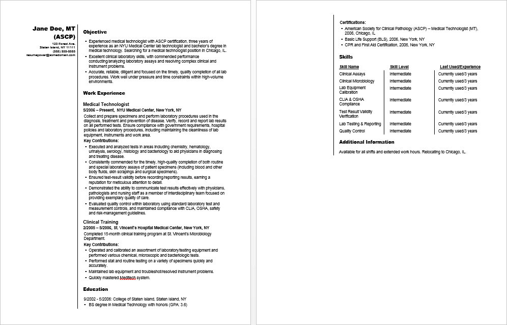Application Letter and Resume Sample for Medtech Medical Technologist Sample Resume