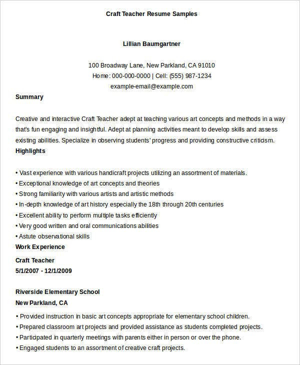 Art and Craft Teacher Resume Samples 23 Professional Teacher Resume Templates Pdf Doc