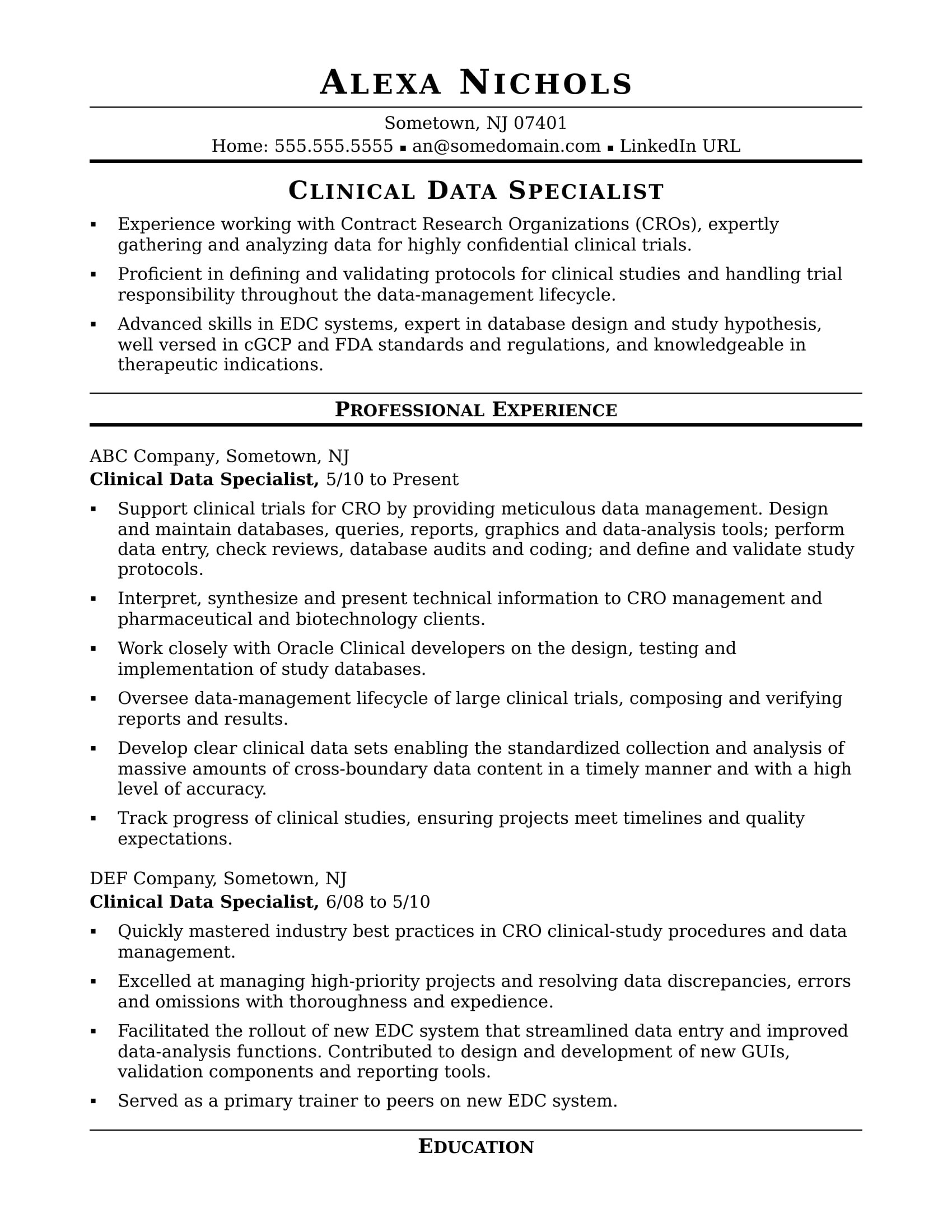 Clinical Data Management Fresher Resume Sample Clinical Data Specialist Resume Sample Monster.com