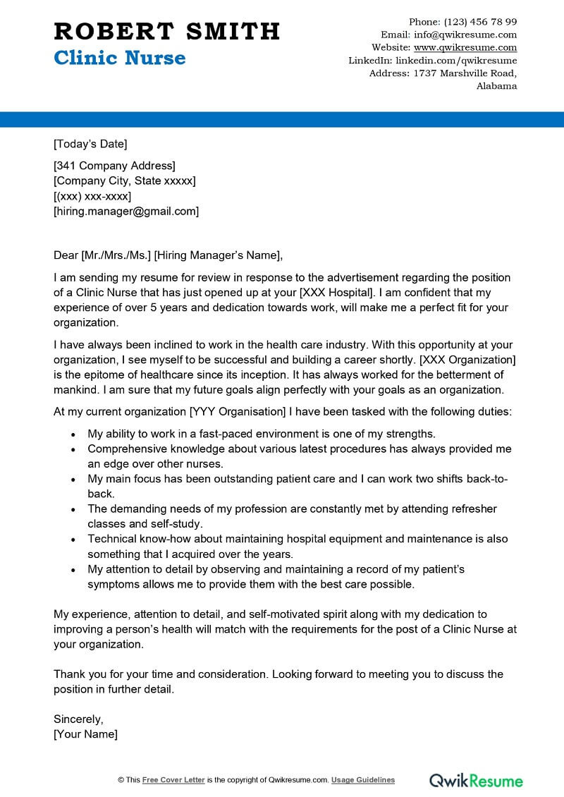 Cover Letter Samples for Resume Nurse Thru Email Clinic Nurse Cover Letter Examples – Qwikresume