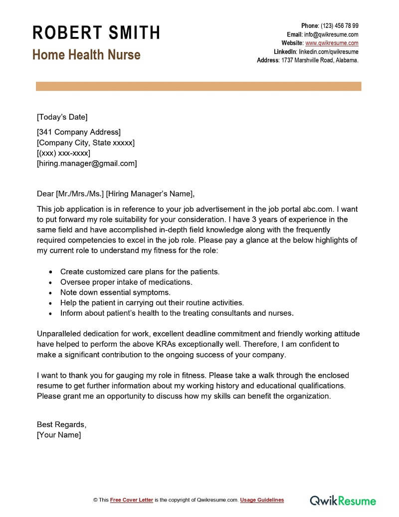 Cover Letter Samples for Resume Nurse Thru Email Home Health Nurse Cover Letter Examples – Qwikresume