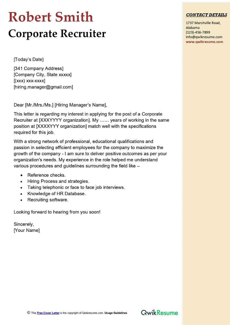 Cover Letter to Send Resume to A Recruiter Sample Corporate Recruiter Cover Letter Examples – Qwikresume