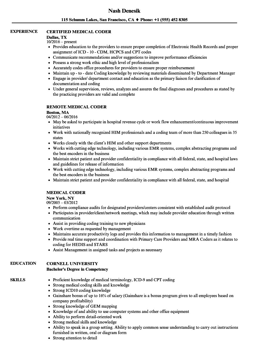 Entry Level Medical Coding Resume Sample Medical Coder Resume Sample
