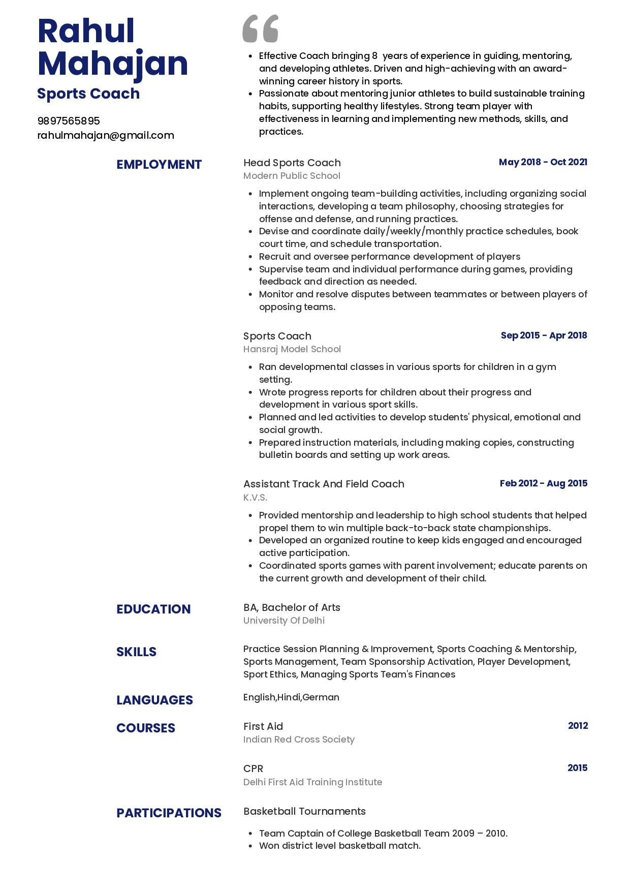 Entry Level Resume Samples for Junior Coach Sample Resume Of Sports Coach with Template & Writing Guide …