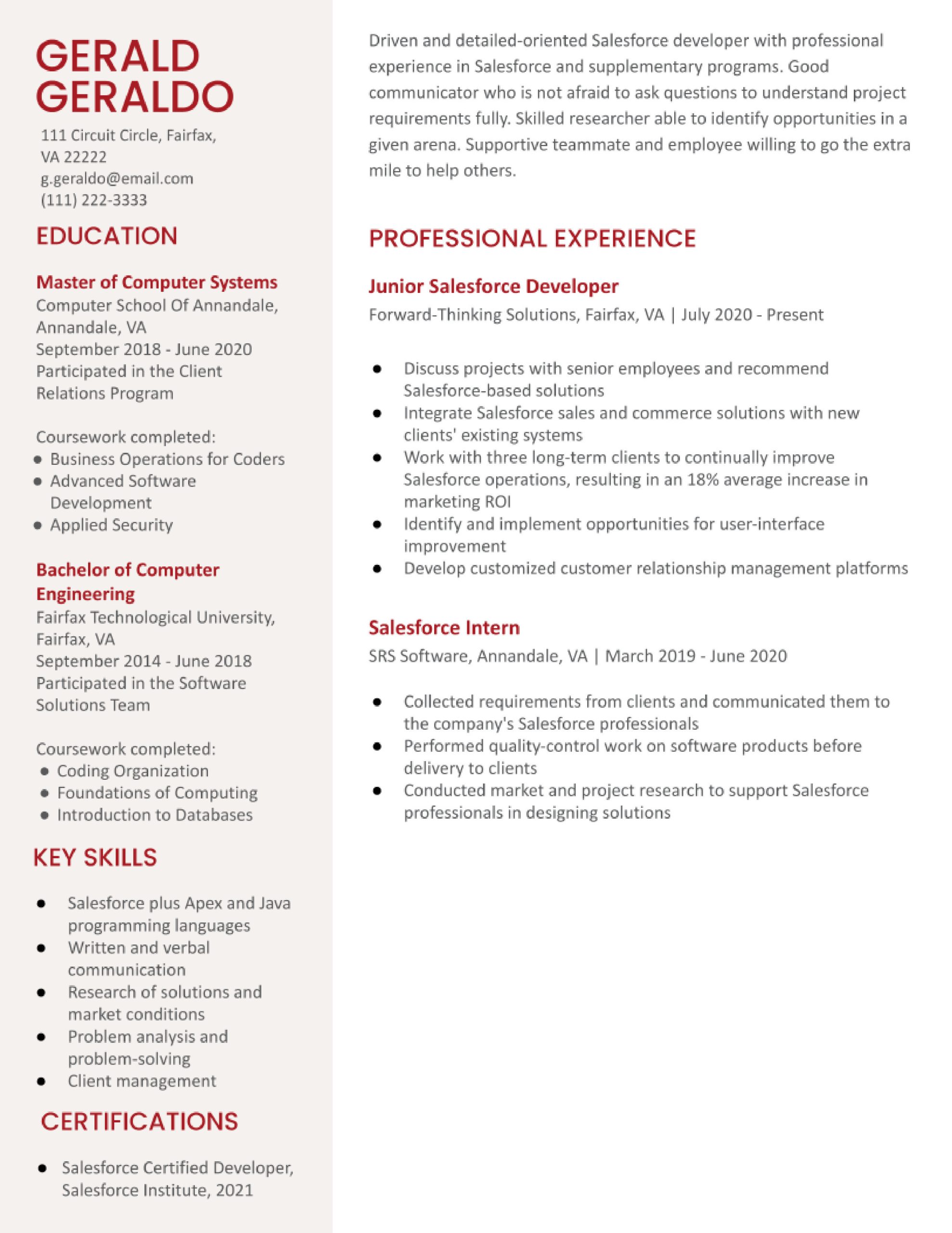 Entry Level Sales force Developer Resume Samples Salesforce Developer Resume Examples In 2022 – Resumebuilder.com