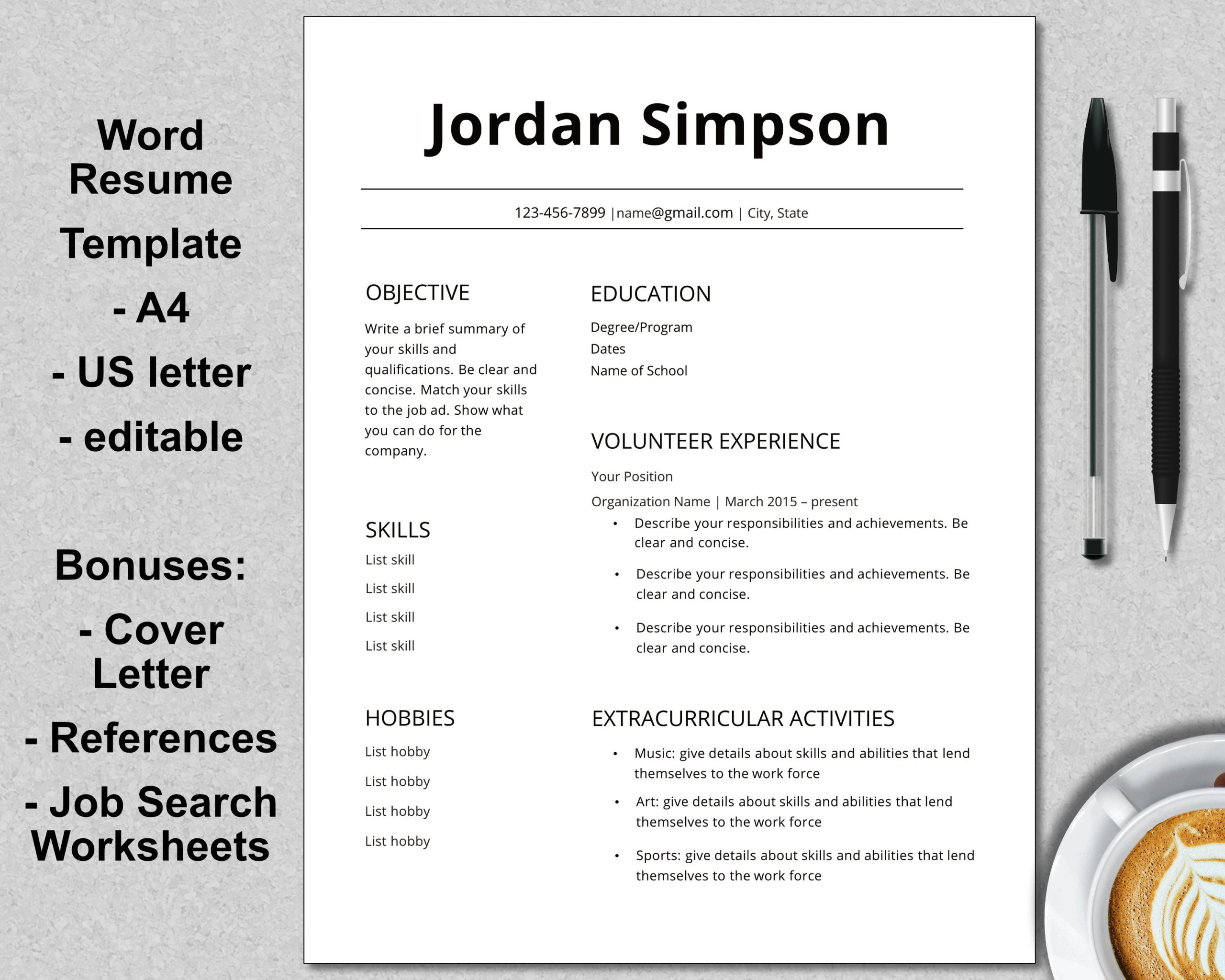 First Job Out Of College Resume Sample First Cv Template Resume Teenagers No Experience High – Etsy.de