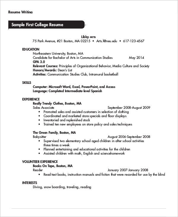First Year College Student Resume Samples College Student Resume 8 Free Word Pdf Documents