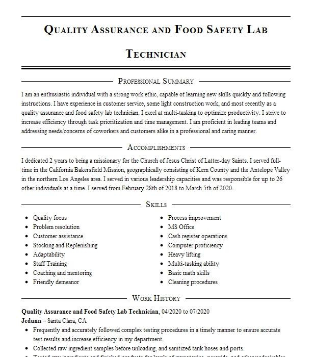 Food Quality Control Technician Resume Sample Food Quality assurance Technician Resume Example Taylor