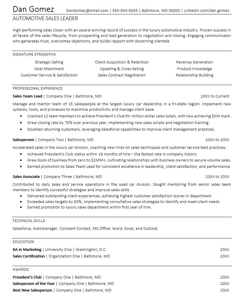 Free Sample Resume for Car Salesman Car Salesman Resume Monster.com