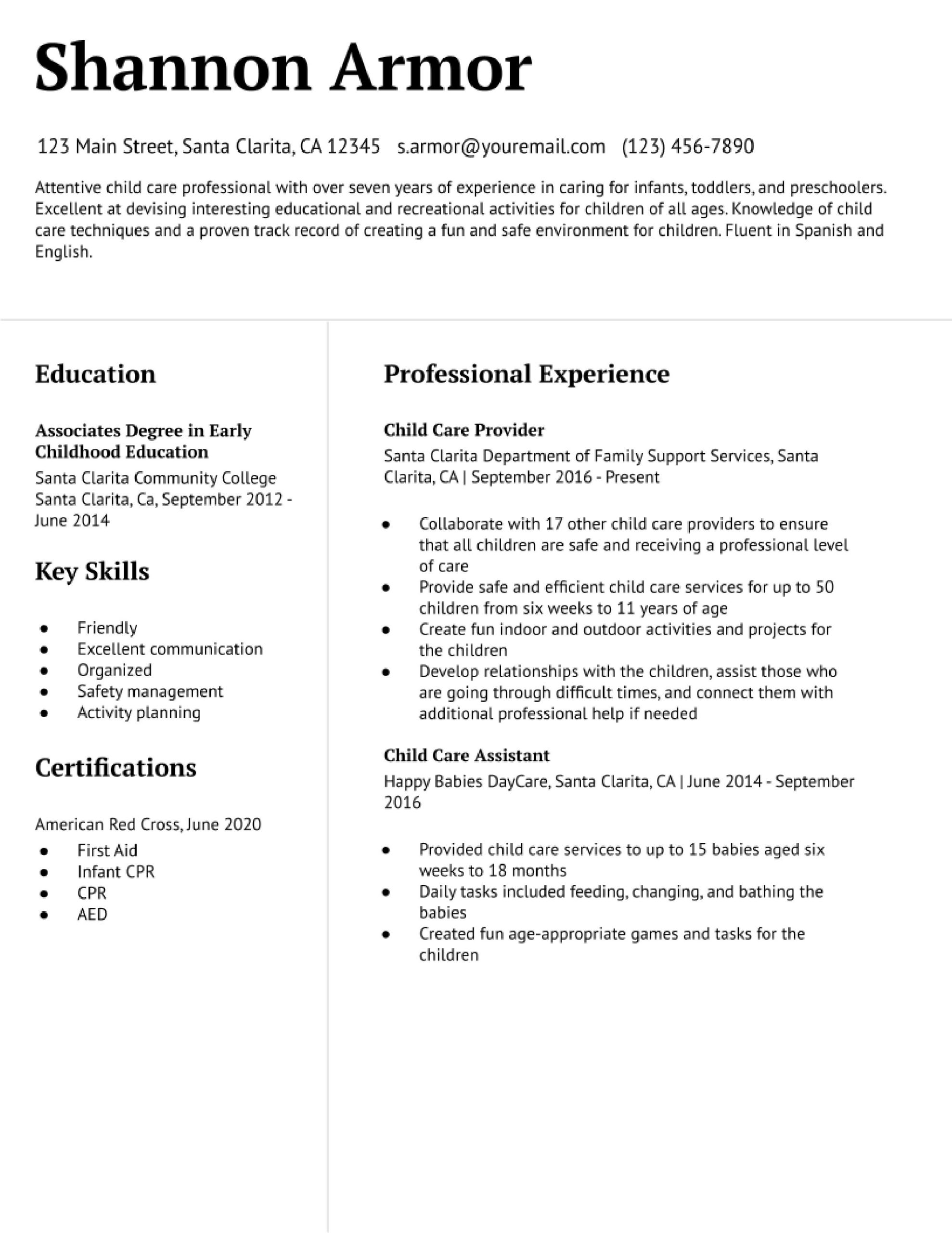 Free Sample Resume for Child Care Provider Child Care Resume Examples In 2022 – Resumebuilder.com