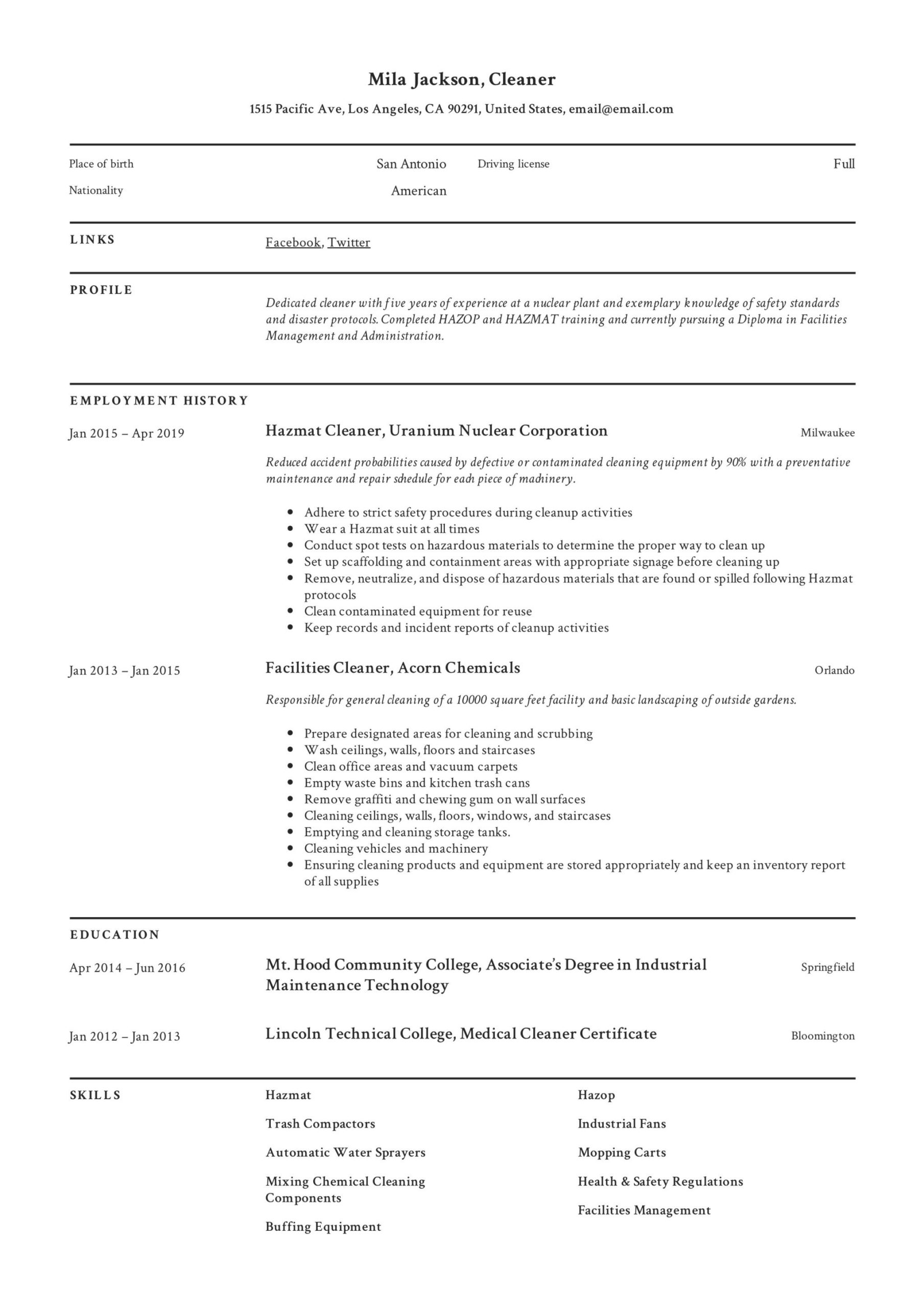 Free Sample Resume for Cleaning Service Cleaner Resume & Writing Guide  12 Templates Pdf 2022