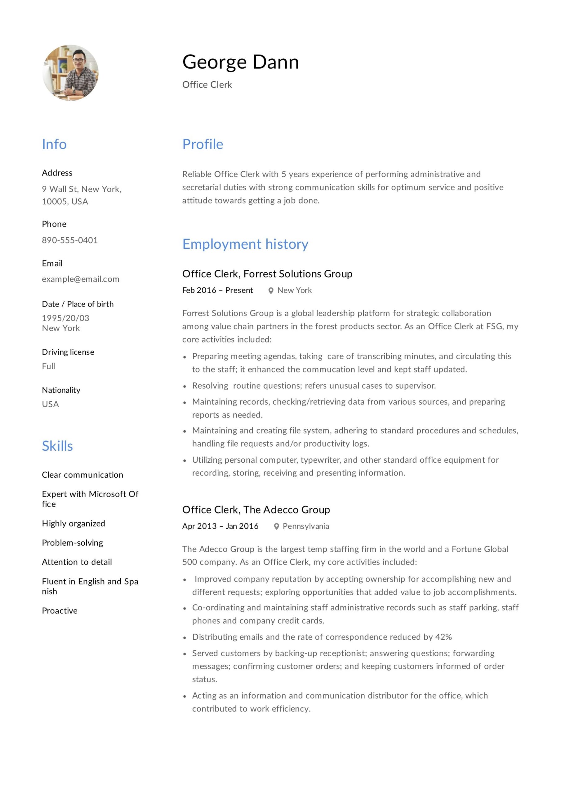 Free Sample Resume for Clerical Position Office Clerk Resume & Guide  12 Samples Pdf 2021