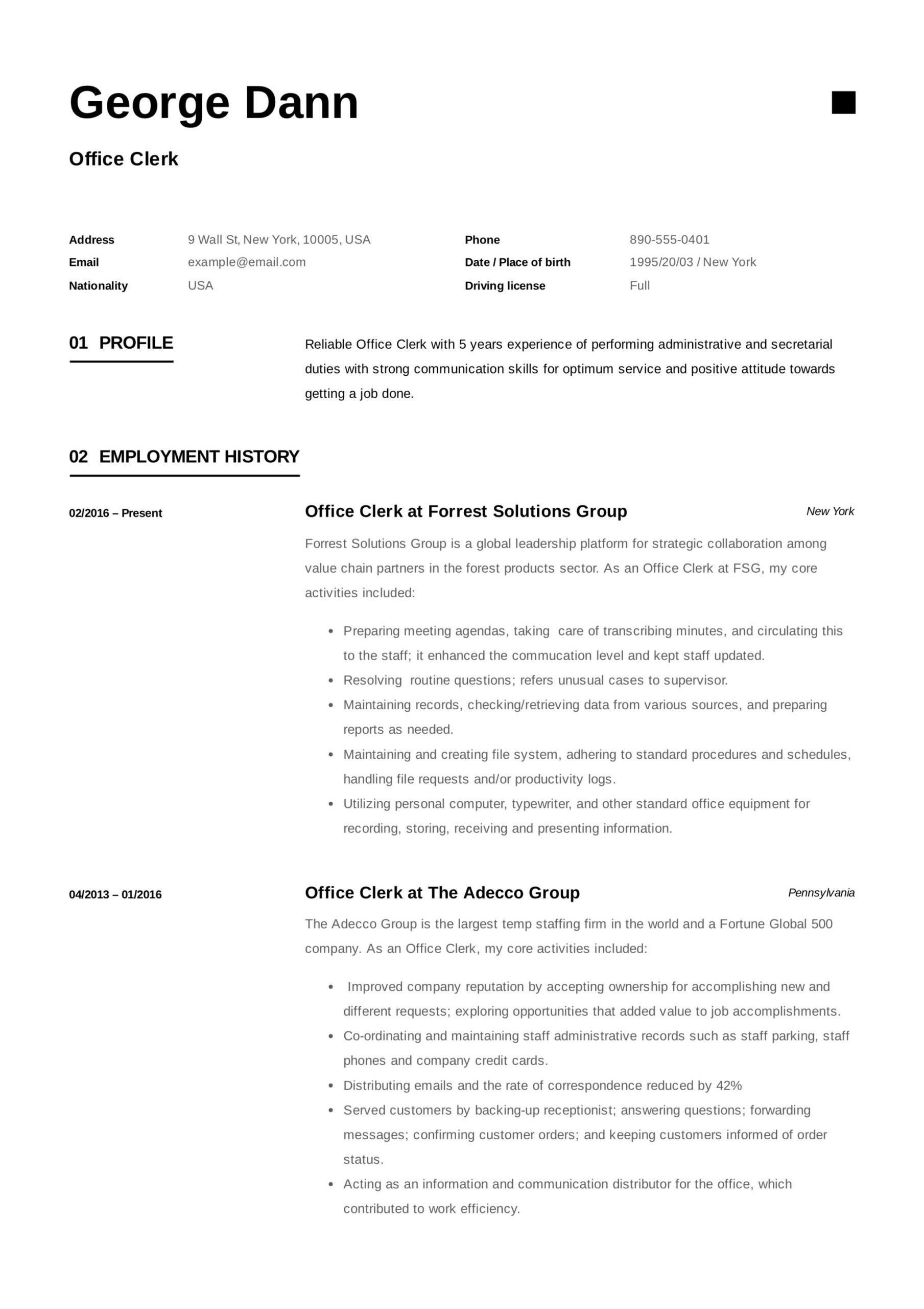 Free Sample Resume for Clerical Position Office Clerk Resume & Guide  12 Samples Pdf 2021