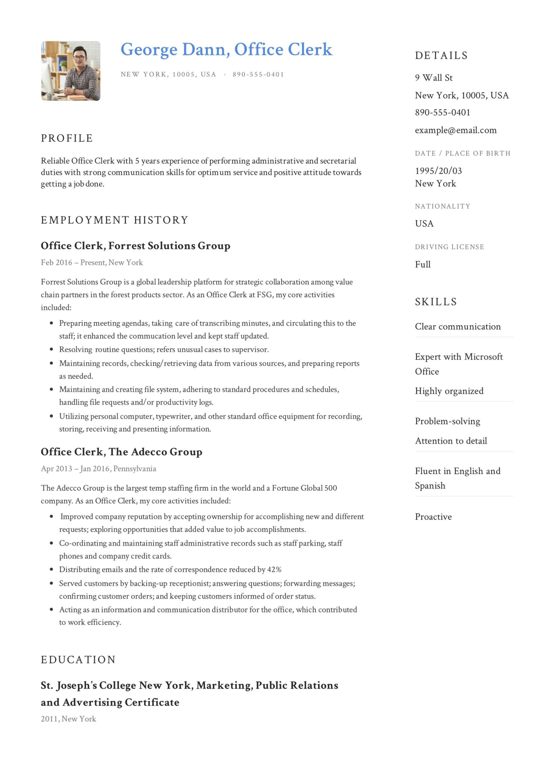 Free Sample Resume for Clerical Position Office Clerk Resume & Guide  12 Samples Pdf 2021