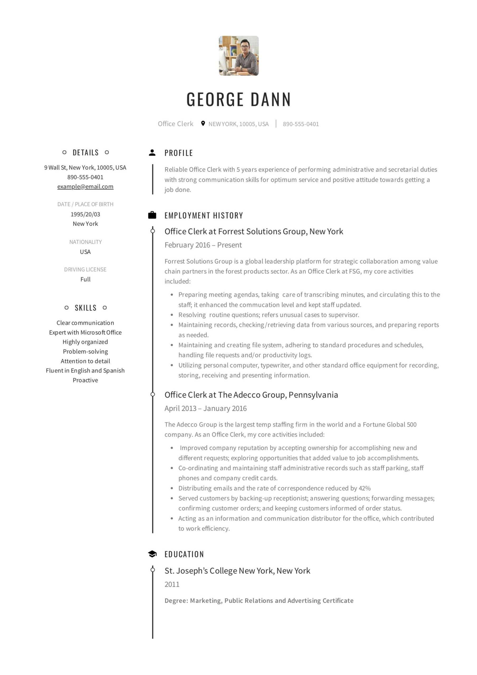 Free Sample Resume for Clerical Position Office Clerk Resume & Guide  12 Samples Pdf 2021