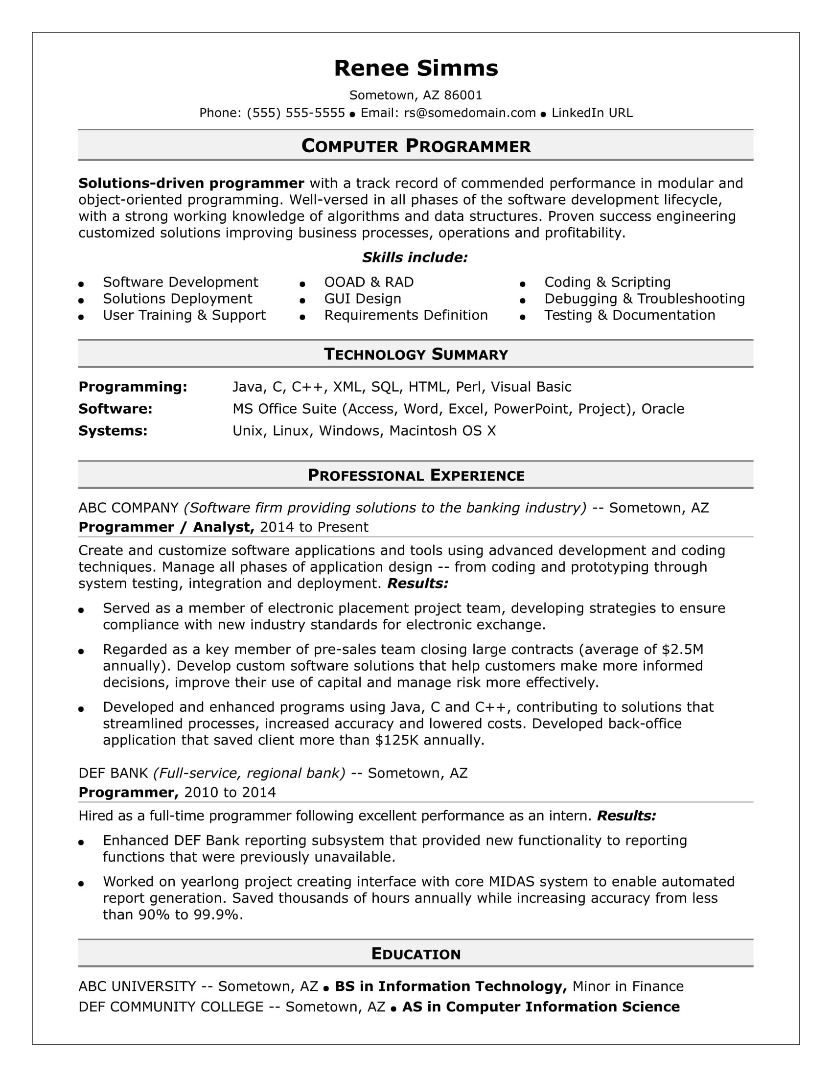 Free Sample Resume for Computer Programmer Sample Resume for A Midlevel Computer Programmer Monster.com