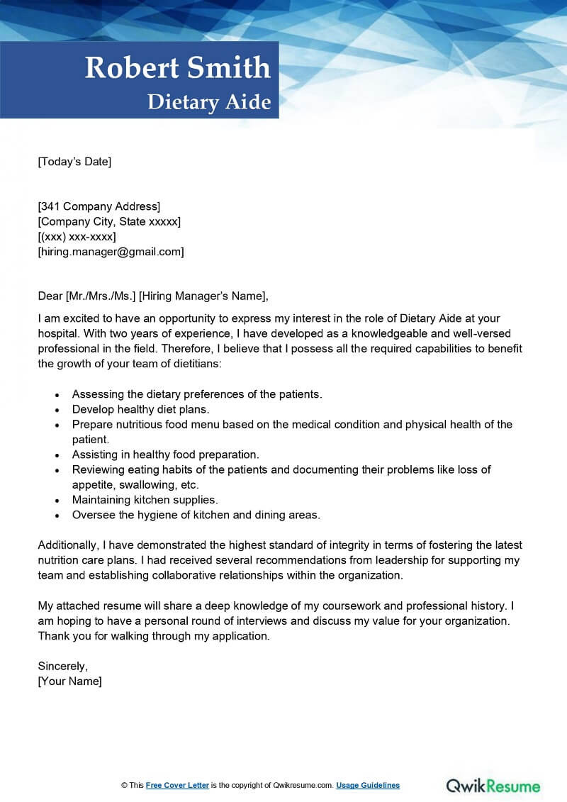 Free Sample Resume for Dietary Aide Dietary Aide Cover Letter Examples – Qwikresume