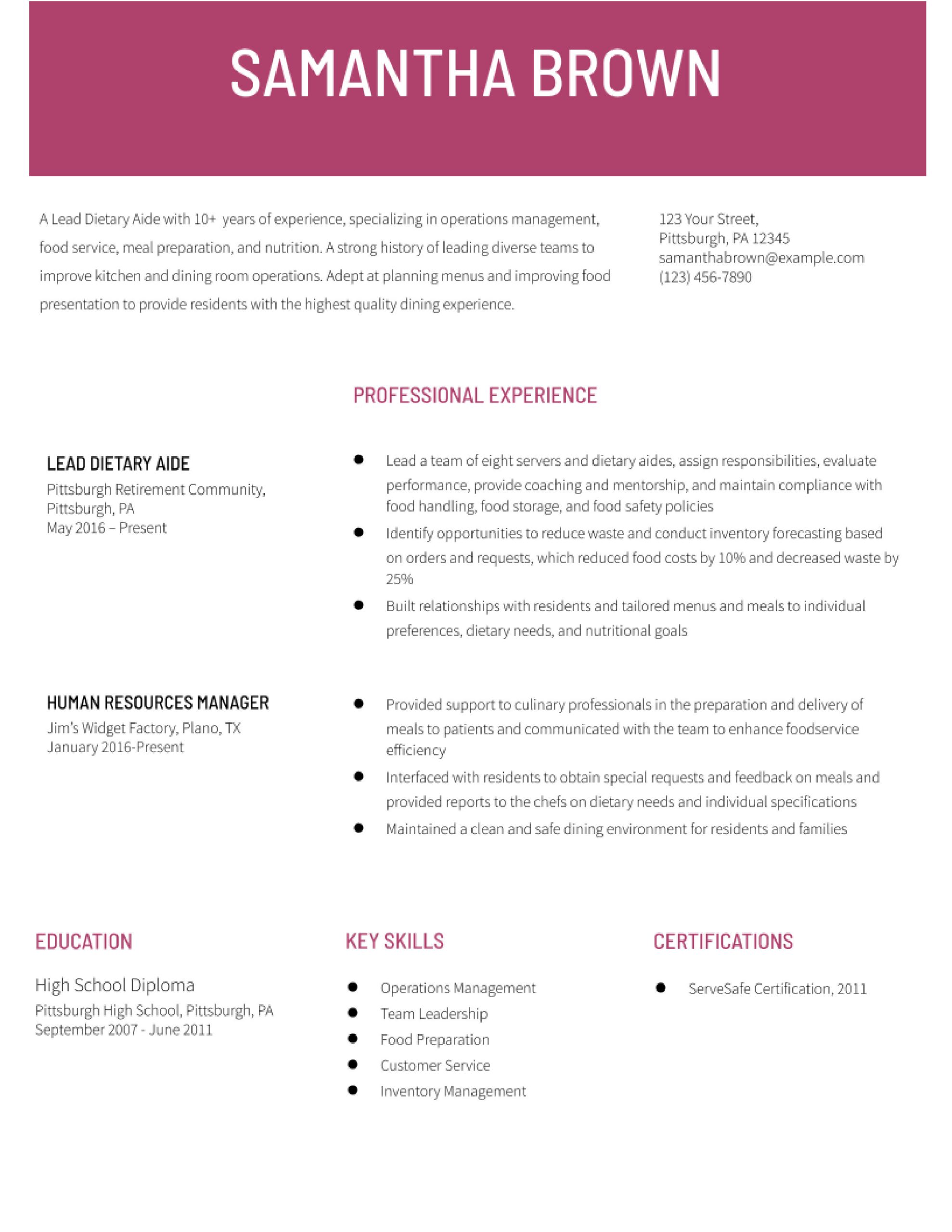 Free Sample Resume for Dietary Aide Dietary Aide Resume Examples In 2022 – Resumebuilder.com