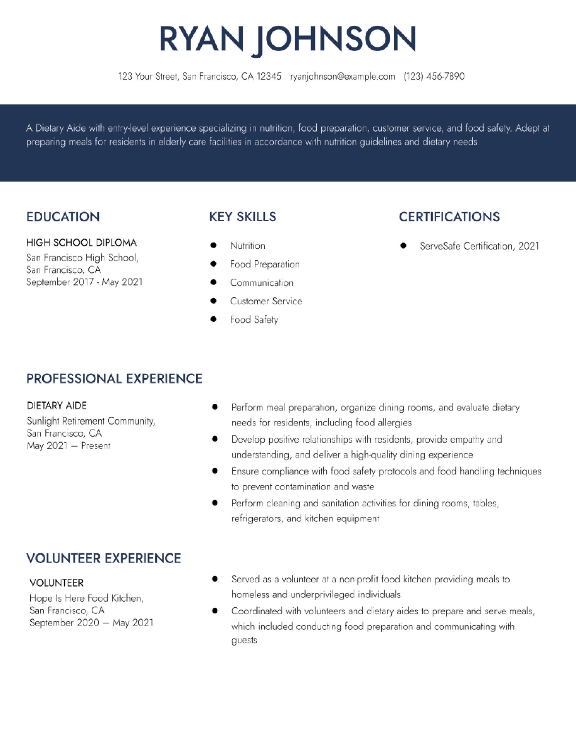 Free Sample Resume for Dietary Aide Dietary Aide Resume Examples In 2022 – Resumebuilder.com