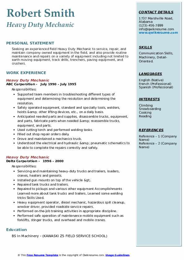 Heavy Duty Mechanic Apprentice Resume Sample Heavy Duty Mechanic Resume Samples