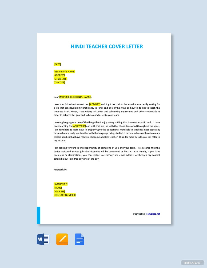 Hindi Teacher Resume Samples In Hindi Hindi Teacher Cover Letter Template – Google Docs, Word, Apple …