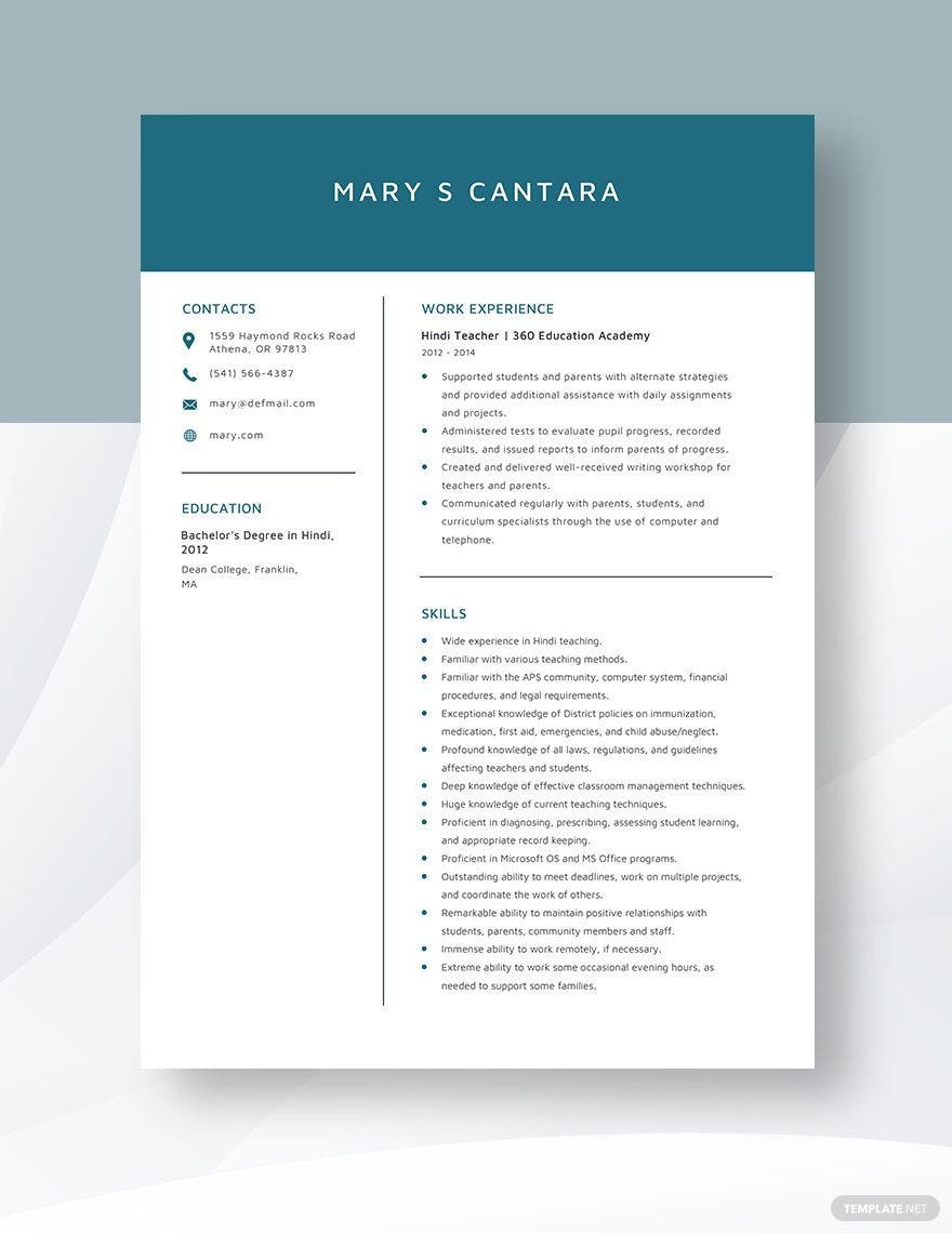 Hindi Teacher Resume Samples In Hindi Hindi Teacher Resume Template – Word, Apple Pages Template.net