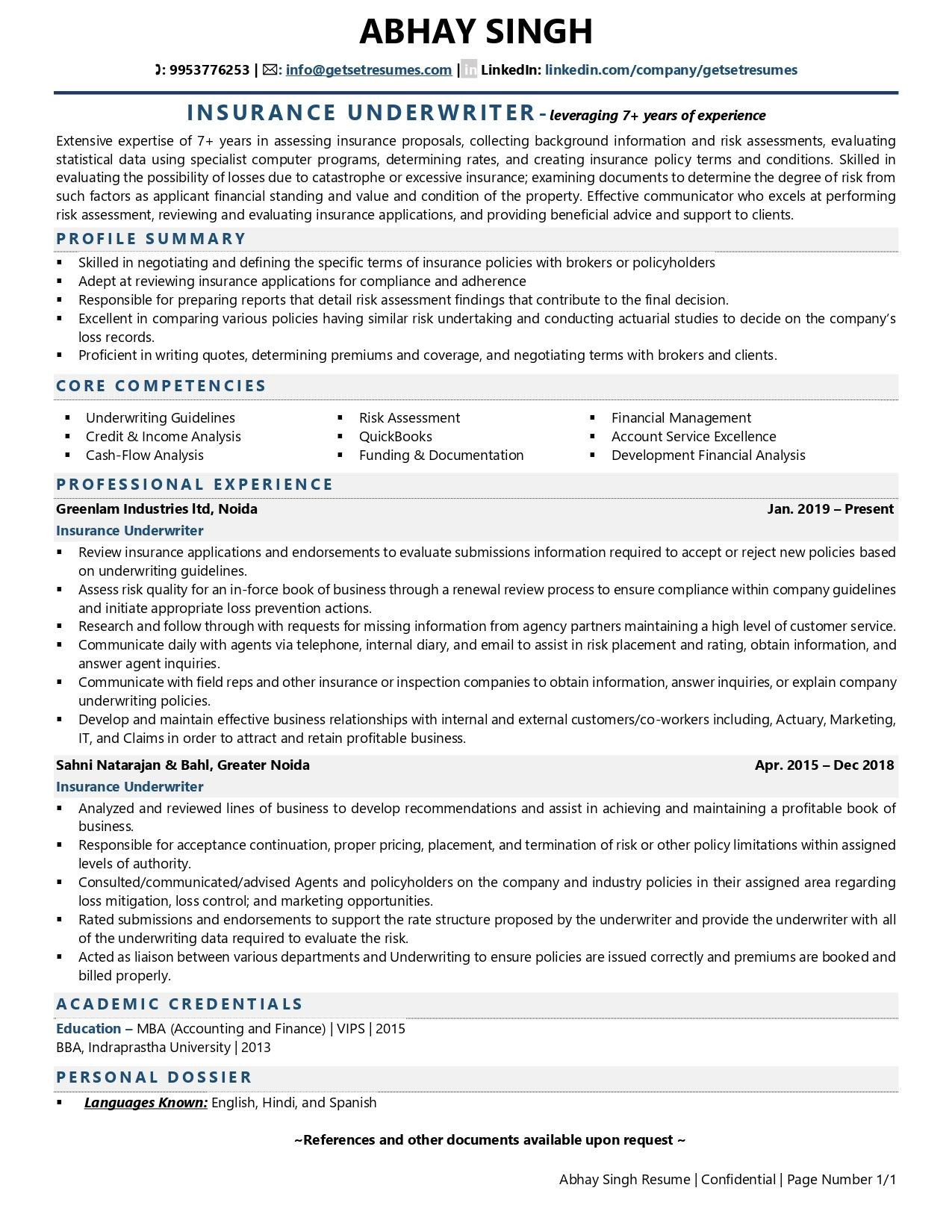 Insurance Job About Me Resume Samples Insurance Underwriter Resume Examples & Template (with Job Winning …