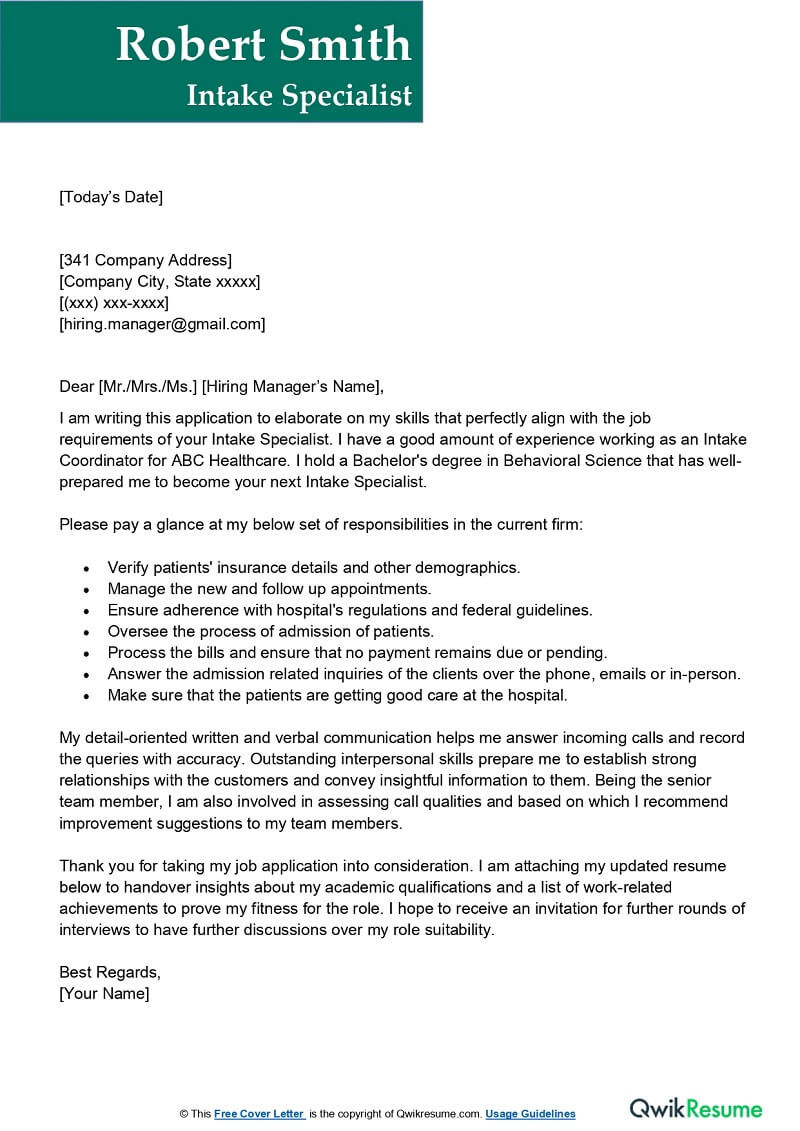 Intake and Referral Manager Resume Samples Intake Specialist Cover Letter Examples – Qwikresume