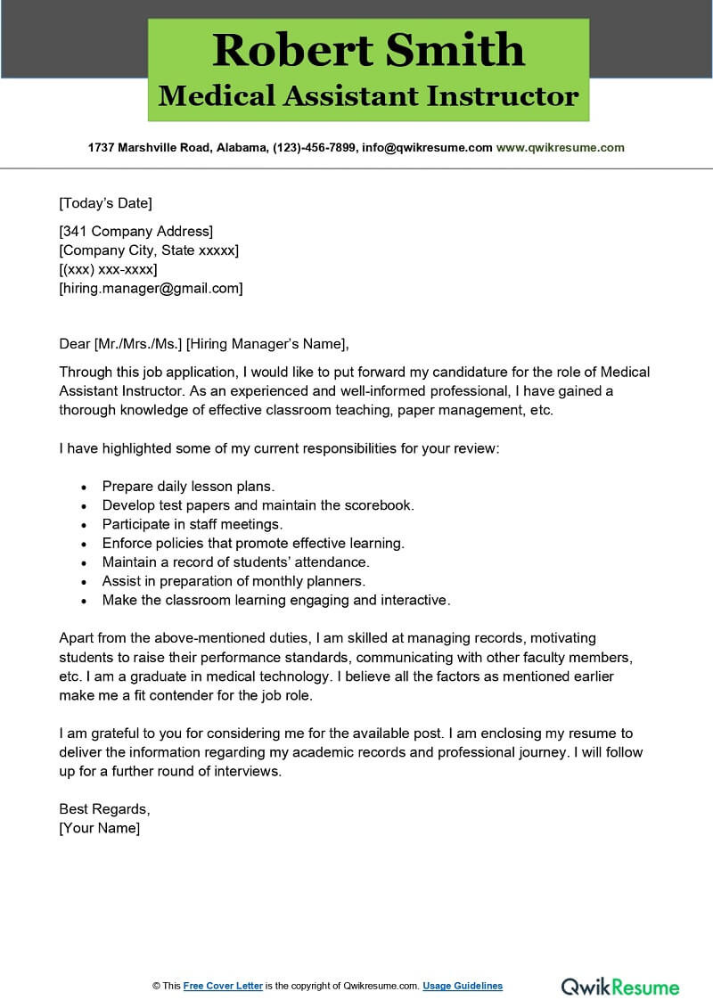 Medical assistant Sample Resume Cover Letter Medical assistant Instructor Cover Letter Examples – Qwikresume