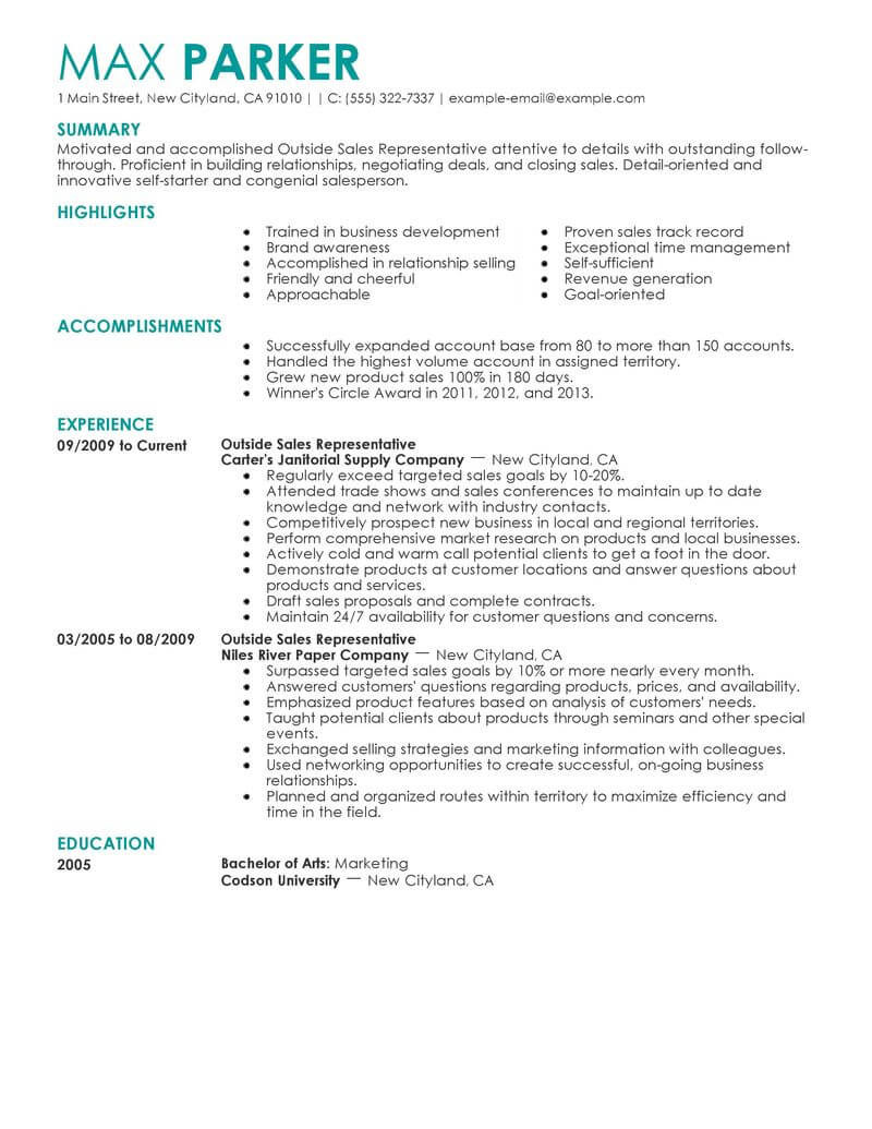 Outside Sales Representative Resume Summary Samples Best Outside Sales Representative Resume Example From Professional …
