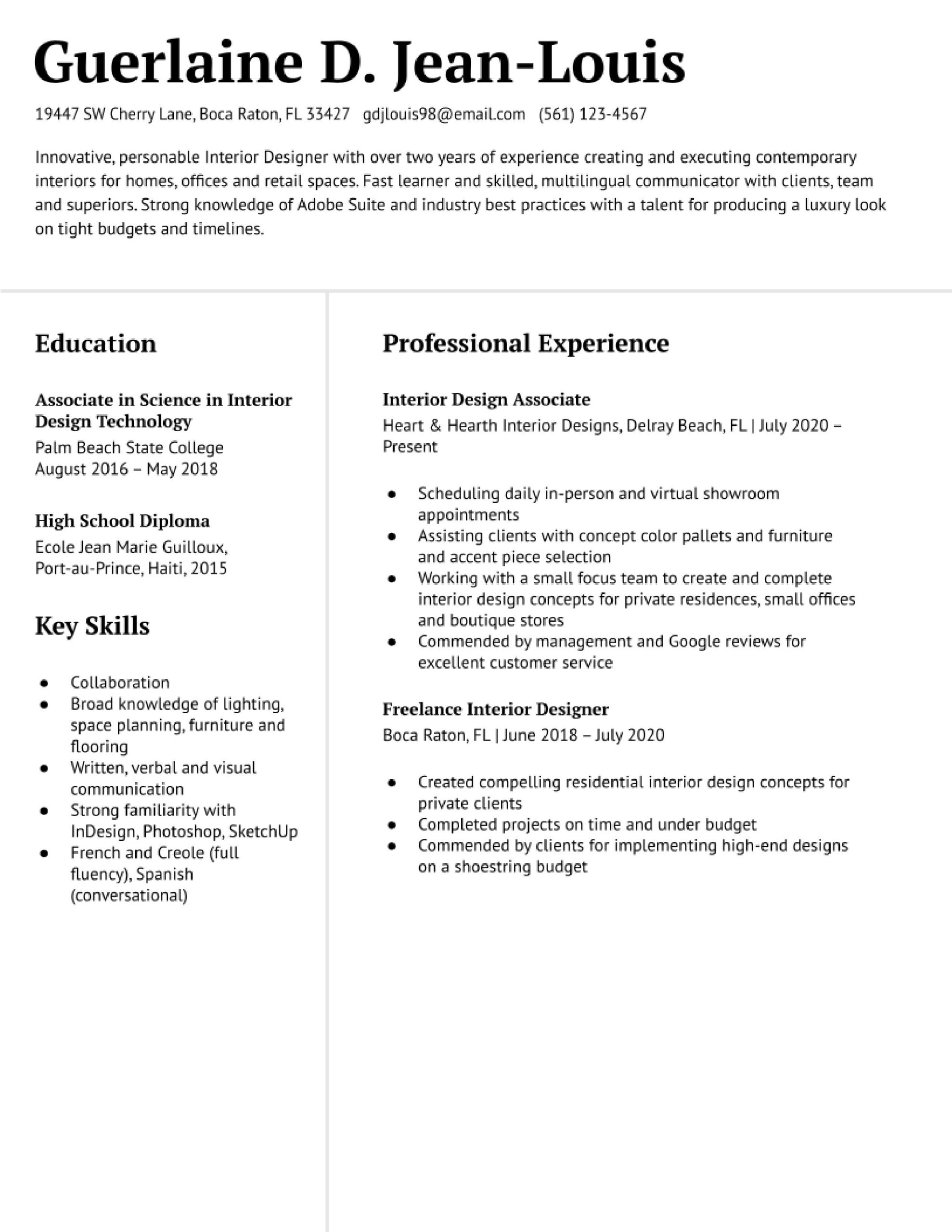 Related Skills Of An Entry Level Interior Decorator Resume Samples Interior Design Resume Examples In 2022 – Resumebuilder.com