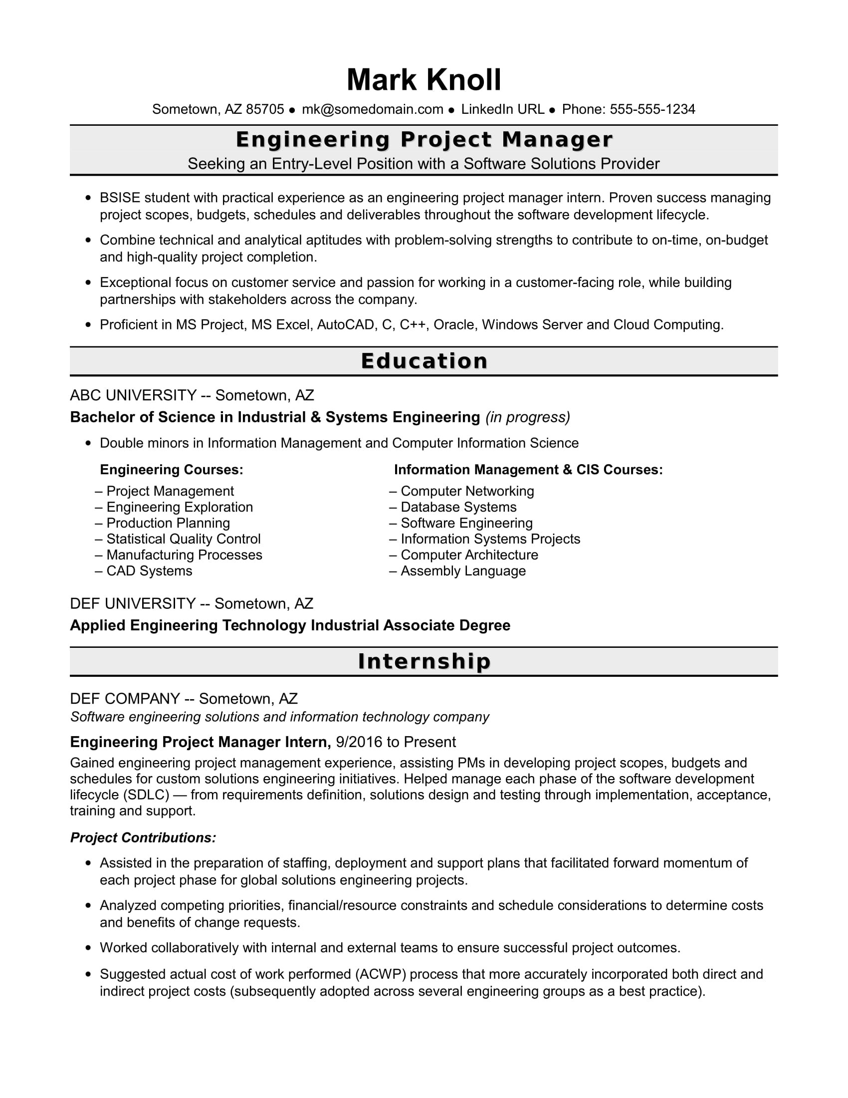 Resume Samples for Entry Level Management Entry-level Project Manager Resume for Engineers Monster.com