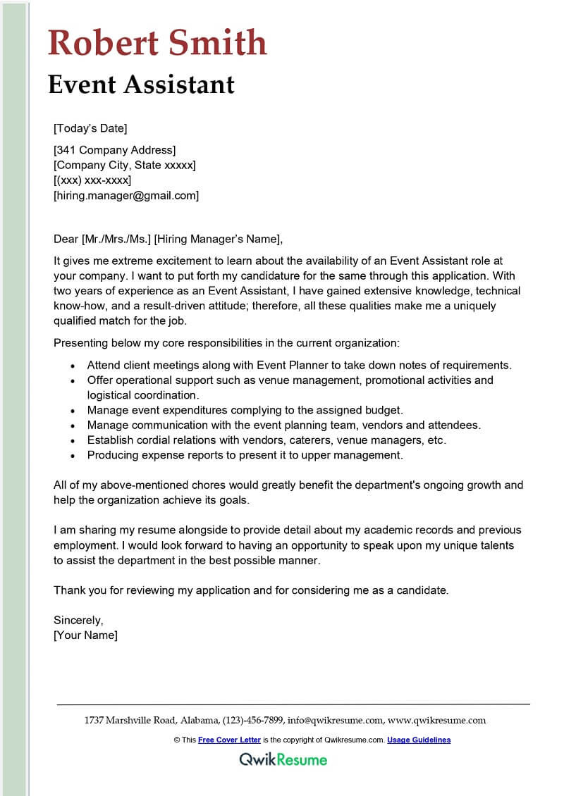 Sample Cover Letter for Resume event Planner event assistant Cover Letter Examples – Qwikresume